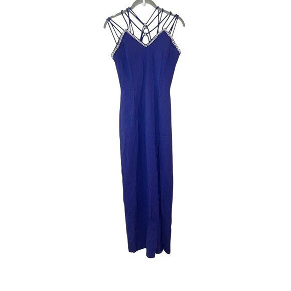 Vintage 90s Midnight Glo Strappy Cage Blue Formal Dress Prom Rhinestone Slit 4 - Picture 1 of 9